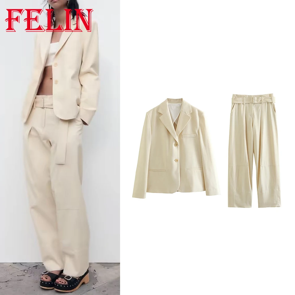 

TRAF 2023 Spring Solid Women Office Lady Suit Single Breasted Blazer+Straight Belt Zipper Long Pants Fashion Casual Female Sets