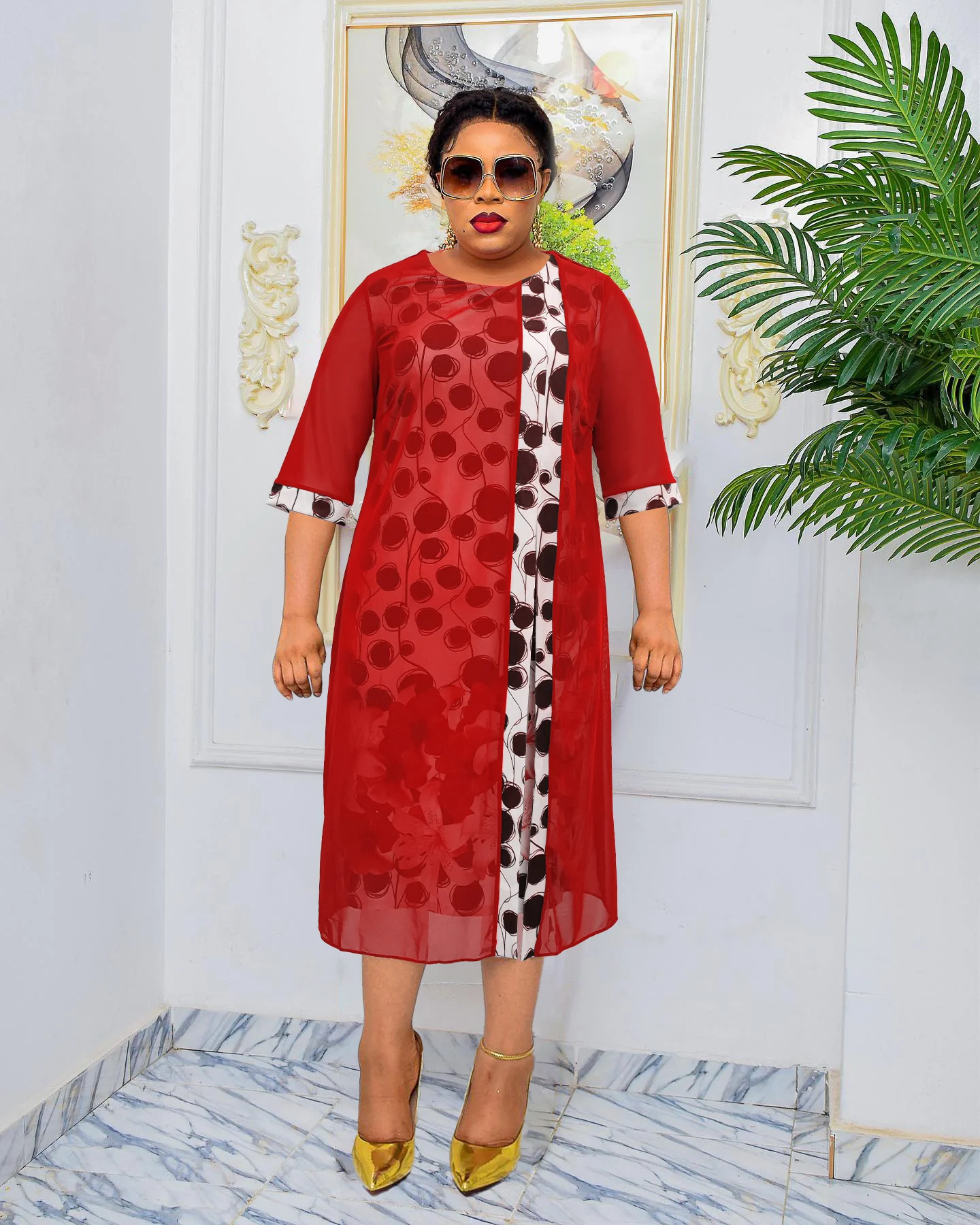 Plus Size Dresses 2023 Place Make Two Piece Patchwork Printed Large Dress Round Neck Lady Elegant Casual Female Clothes