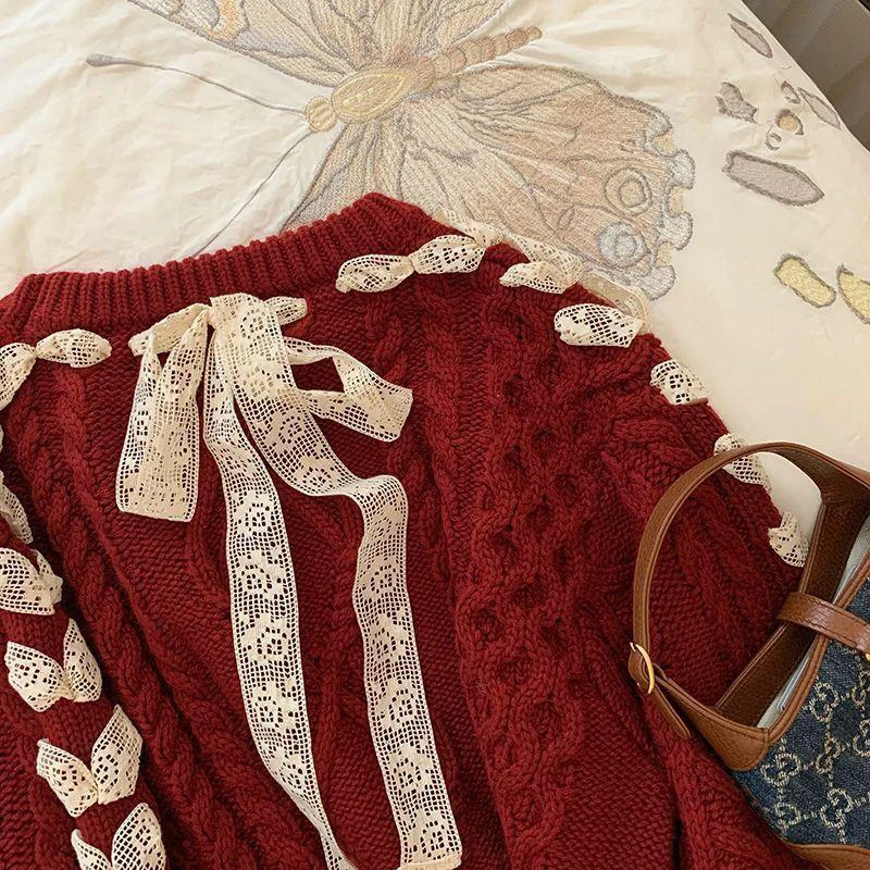 Витой красный милый свитер женский шикарный осенне-зимний трикотаж с бантом