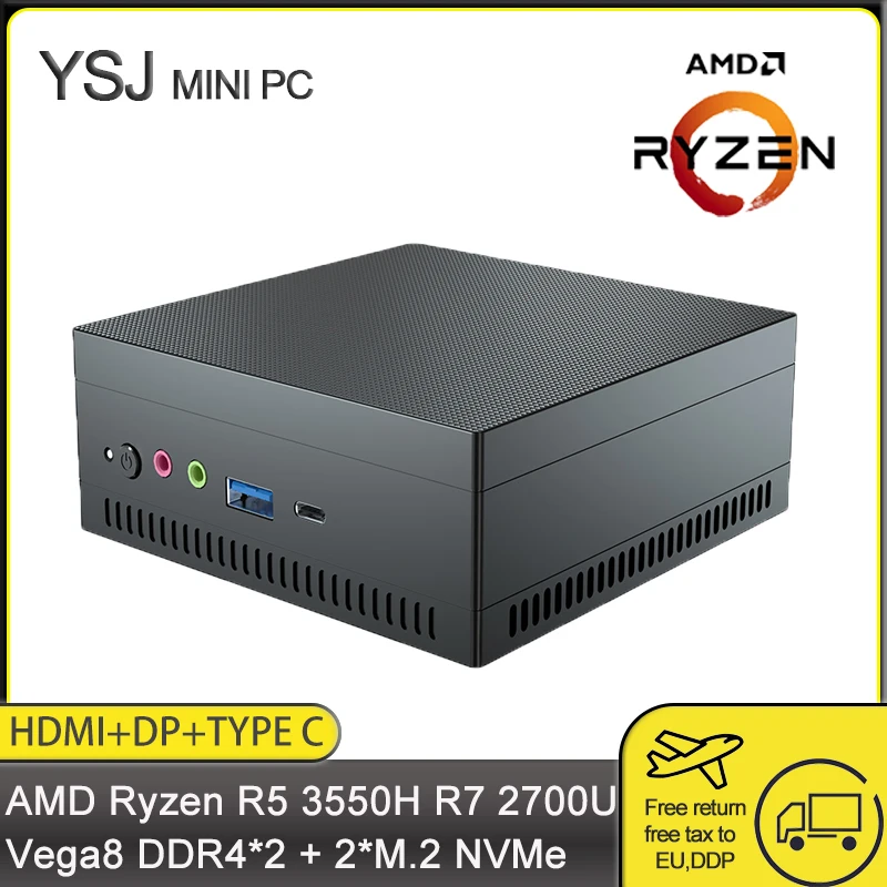 Лучший Графический мини-ПК AMD Ryzen R5 3550H R7 2700U Vega10 2 * DDR4 M.2 NVMe HDD игровой компьютер Win10 4K