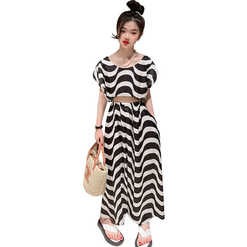 

Hot Deal Korea Girls Suit Summer Fashion Black White Wave Striped Loose Two Pieces Outfits Top+Split Wide Leg Pants Kids Clothes