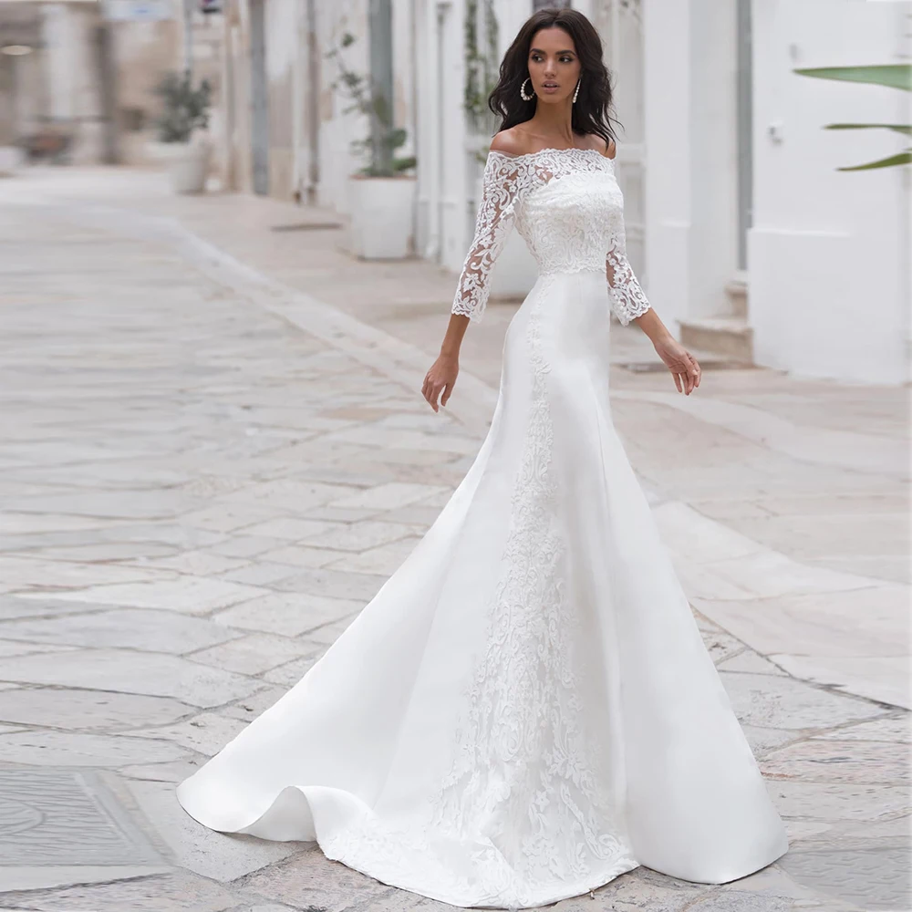 

Elegant Simple White Wedding Dresses Strapless Detachable Three Quarter Sleeves Satin Dress A-Line Appliques Illusion Back Gowns