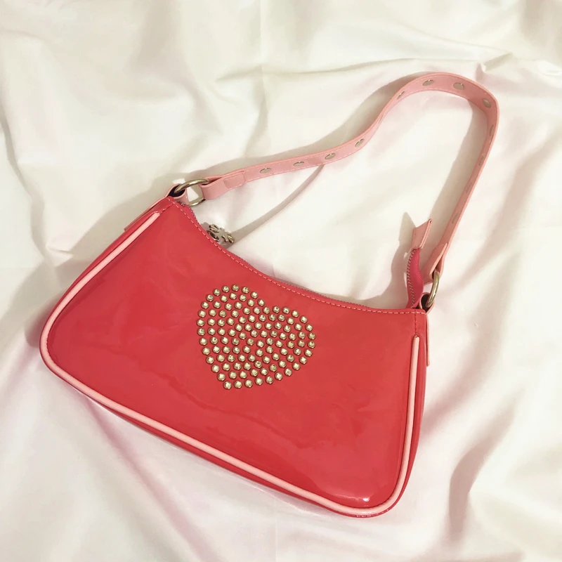 

Fashion Patent Leather Rhinestone Girls Love Pink Purse Handbags New Style Women Hobos Underarm Bag Small Zipper Purse Bolsa