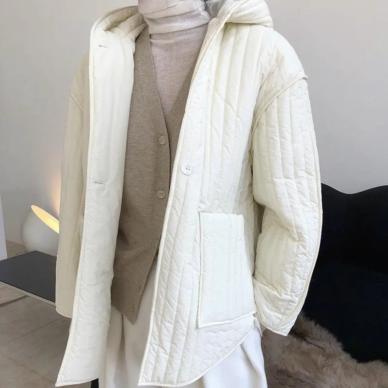 Autumn and Winter Quilted Hooded Parka Coat Women's Fashion Lazy Oversized Warm Coat Korean Casual Commuter Coat Solid Jacket