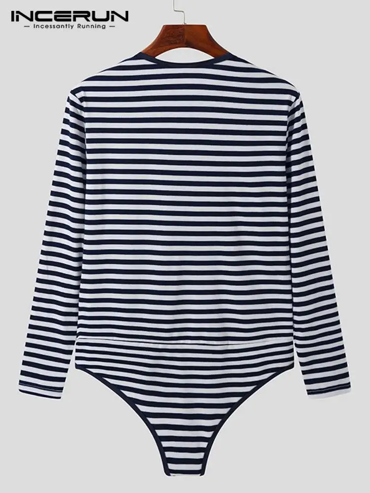 INCERUN Comfortable Homewear New Men's Sexy Striped Onesies Zipper Male All-match Simple Rompers Long Sleeve Jumpsuit S-5XL 2023