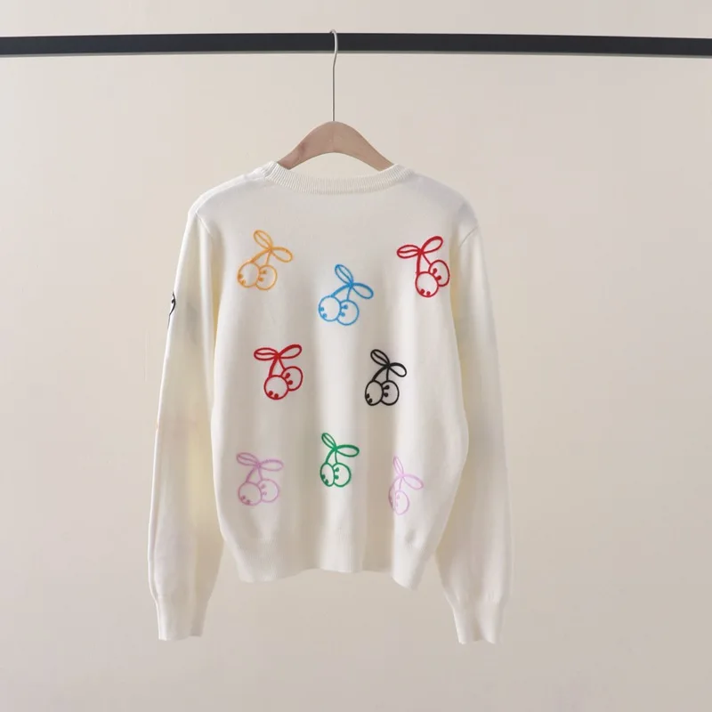 Новинка Осень-Зима Милый Молодежный красочный вышитый Вишневый пуловер с