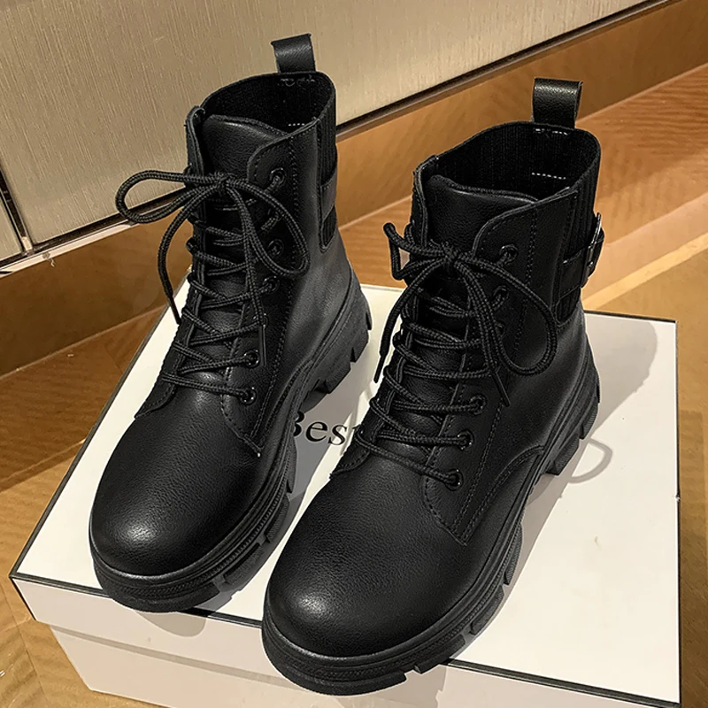 Женские ботильоны с пряжкой и ремешком повседневные боевые ботинки на шнуровке