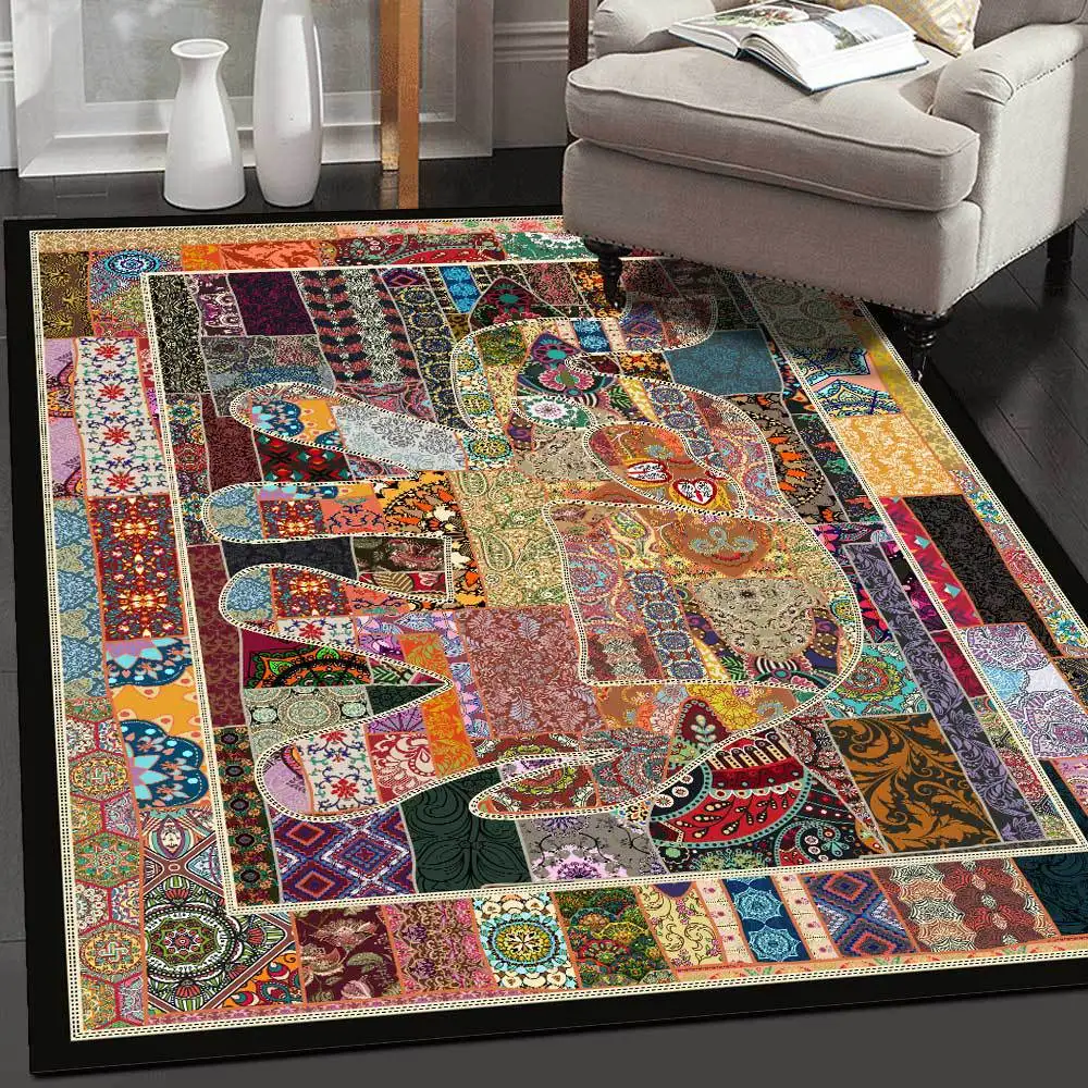 

Indian Bohemian Carpets Ethnic Elephant Stitching Living Room Sofa Table Non-Slip Floor Mat Kitchen Bedroom Bedside Area Rugs