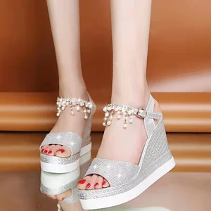 Summer New Womens Shoes 9cm Heel Height Open Toe Ladies Sandals Fashion Wedge Pearl Glitter Sandals Open Toe Casual Shoes