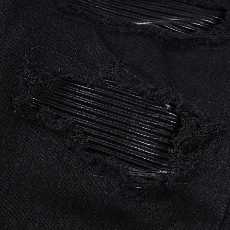 Street Fashion Men Jeans Buttons Fly Black Elastic Stretch Skinny Ripped Jeans Men Leather Patched Designer Hip Hop Brand Pants