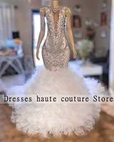 2022 sexy white beaded mermaid prom dresses elegant ruffles sparkly sleeveless evening gowns robe de soir%c3%a9e
