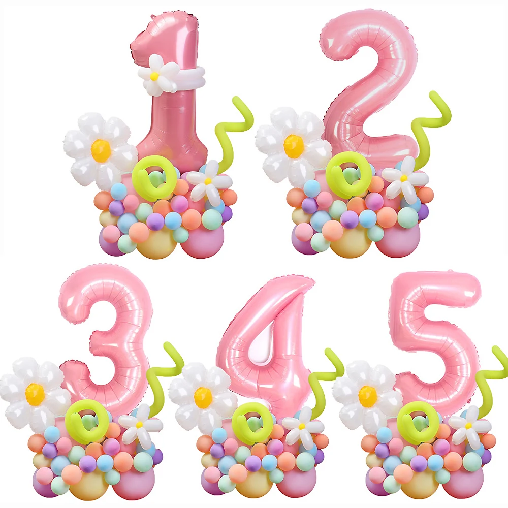 

34pcs Daisy Balloons Set 40inch 0-9 Pink Number Balloon For Kids Daisy Themed Birthday Party Decorations Baby Shower Air Globes