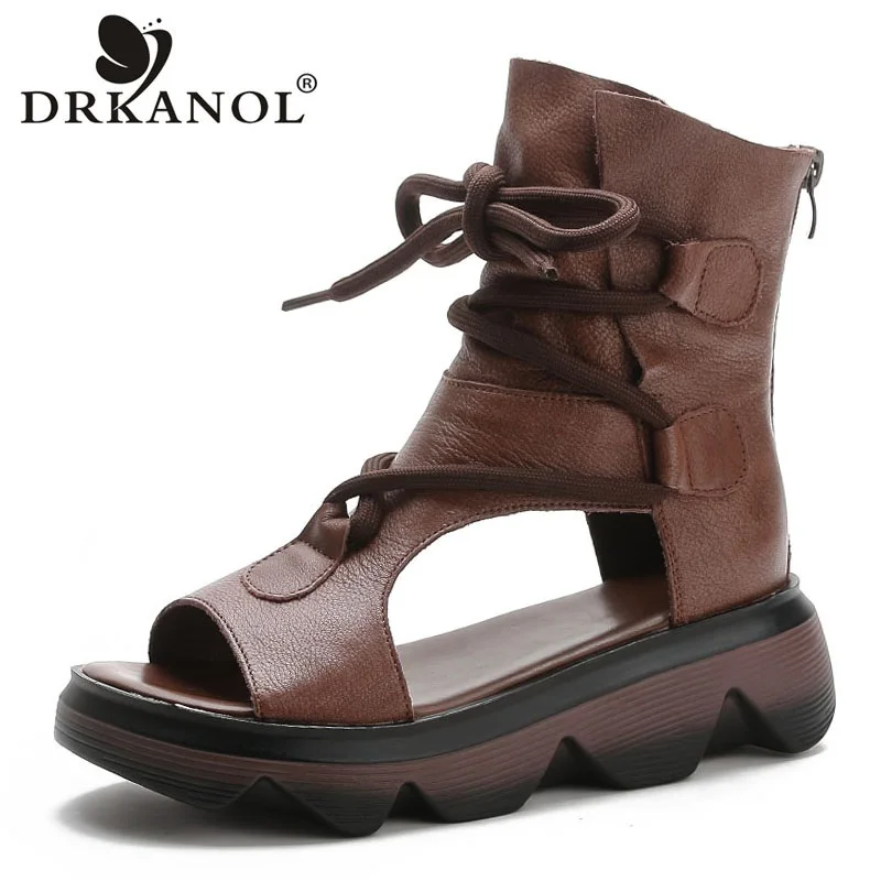 

DRKANOL Handmade Retro Wedges Gladiator Sandals For Women Summer Cool Boots Genuine Leather Open Toe Platform Casual Sandals