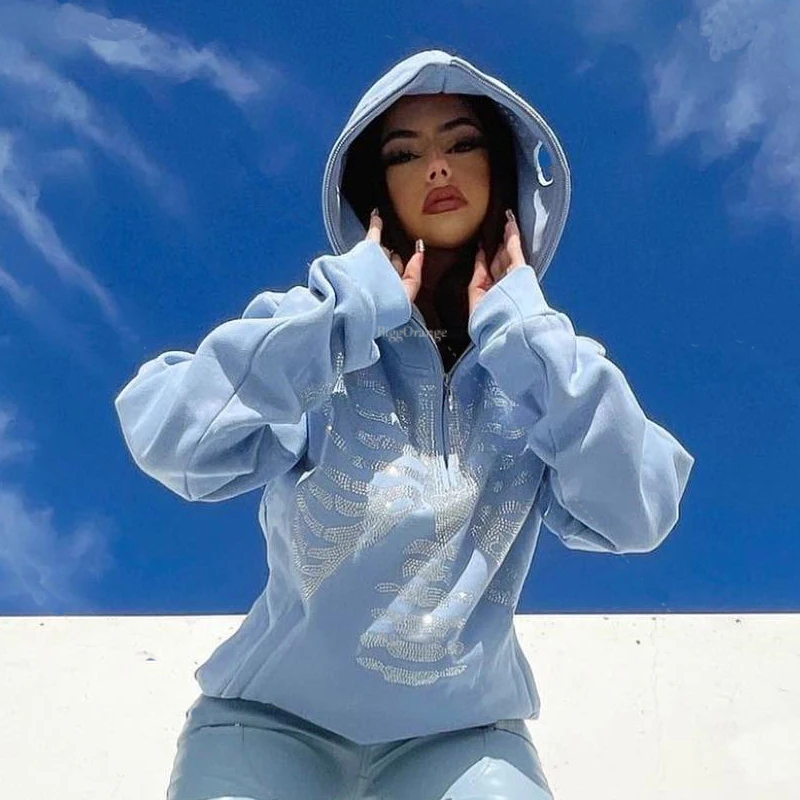 Y2k толстовки стелеты разы на молнии с капюшоном белого цвета Харадзюку длинным