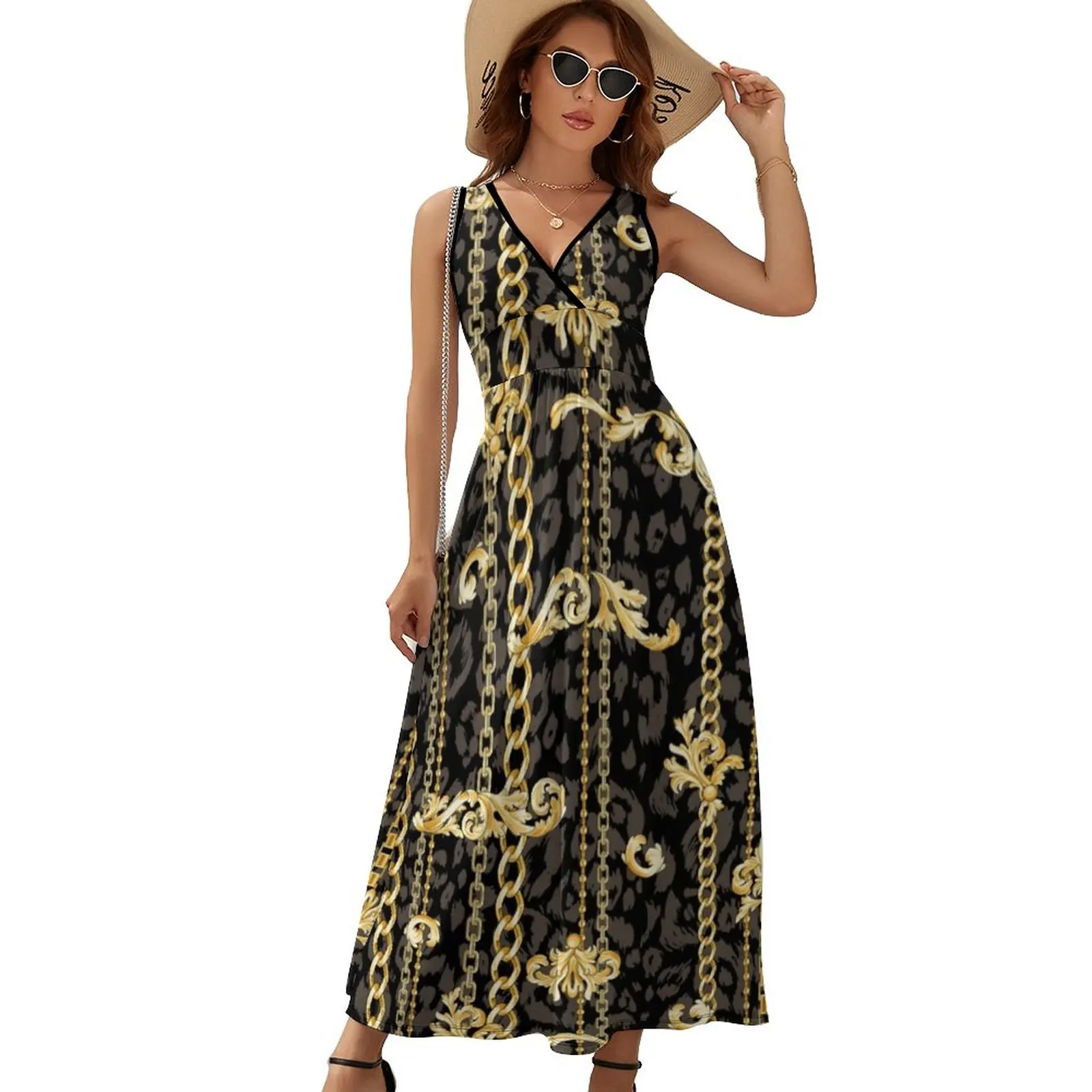 

Golden Chains Print Dress Gold Paisley Aesthetic Bohemia Long Dresses Ladies Vintage Maxi Dress Trendy Clothing Gift
