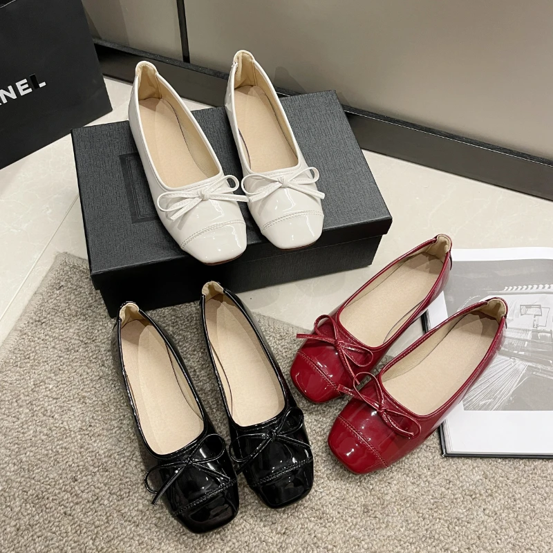 

Туфли женские с красным бантом, балетная мягкая подошва, с юбкой, на низком каблуке, нежные с мелким открытым носком