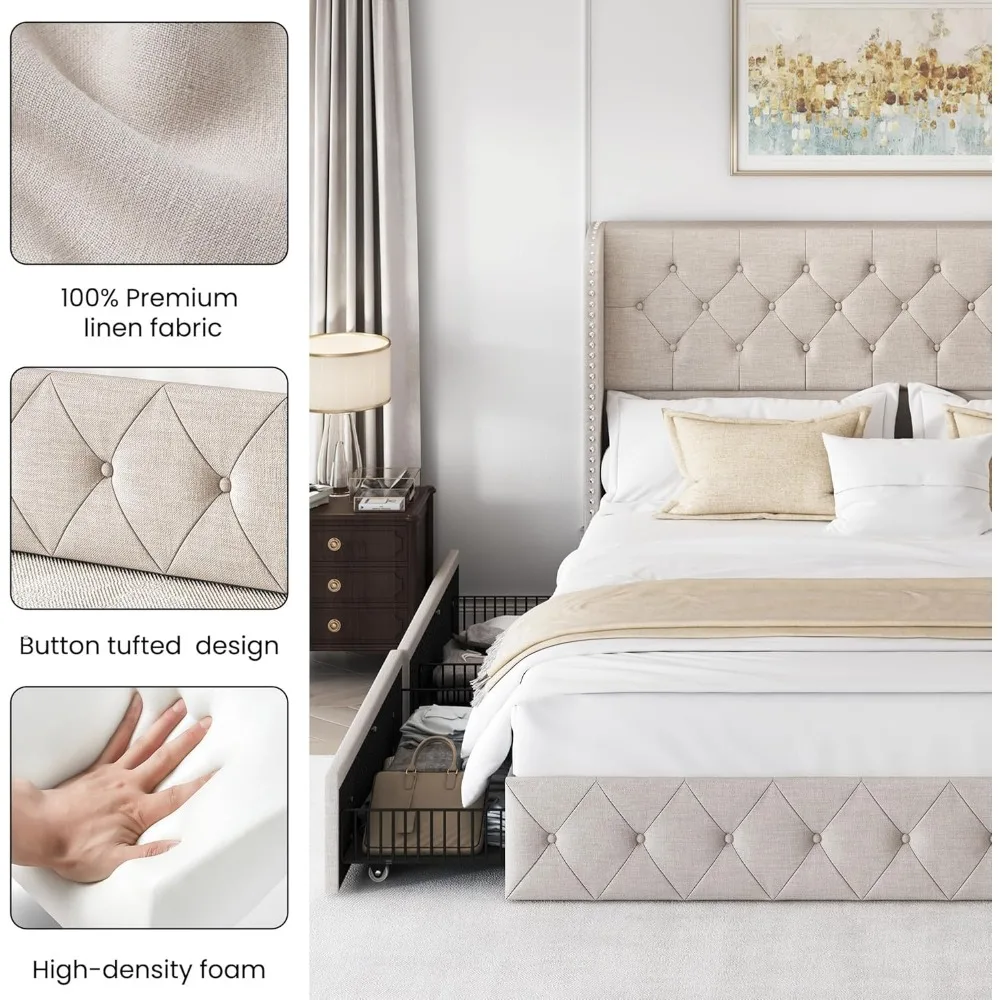 Кровати большого размера с 4 ящиками для хранения и ворсовым изголовьем льняная