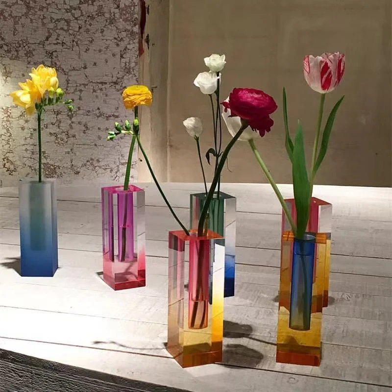 Nordic Modern Rainbow Pillar Bud Vase Aesthetic Glass Vases Luxury Acrylic Crystal Flowers Container Living Room Home Decor