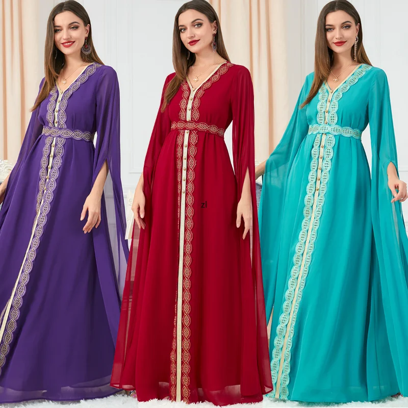 Eid Morocco Party Dress Women Abaya Embroidery Long Sleeve Belted Kaftan Abayas Muslim Dubai Gowns Morocco Evening Vestiods