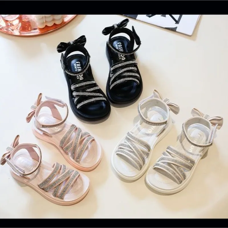 Girls' Sandals Children's Fashion Summer Princess Open Toe Soft Sole Shoes 2023 New Girls' Rhinestone Bow Roman Sandals