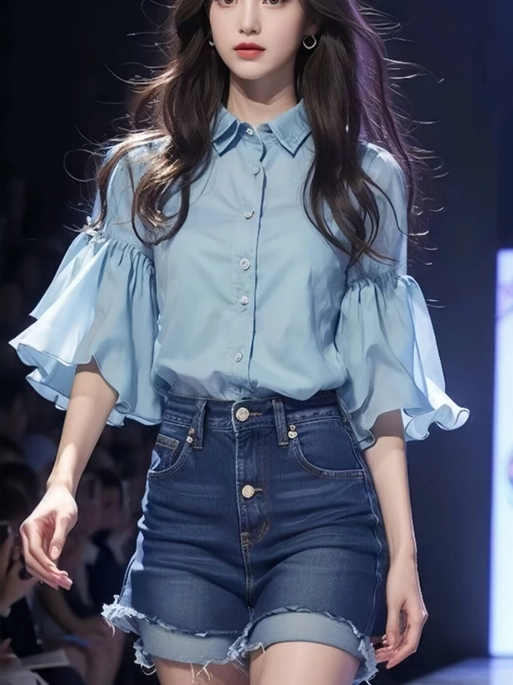 Блузка женская однотонная с отложным воротником Модная элегантная рубашка в