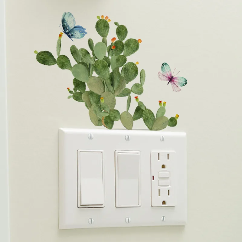 

Green Cactus Butterfly Wall Stickers Creative Switch Sticker Natural Bedroom Living Room Decorative Wall Paper Self-adhesive New