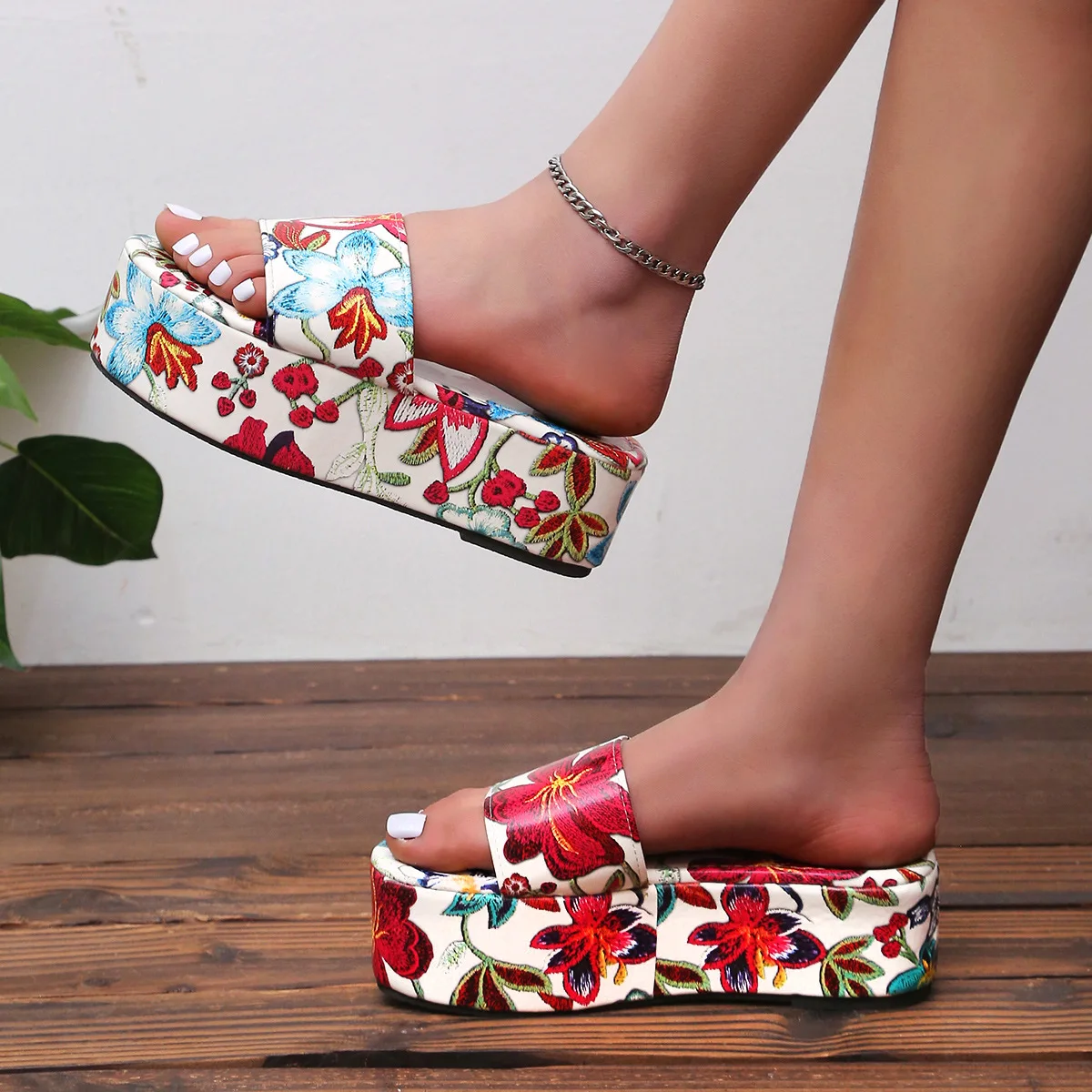 

2022 Summer Women Wedge Slippers Pee Toe Sandals Print Fashion Slipper Thick Bottom Slides Female Platform Flat Shoes Plus Size