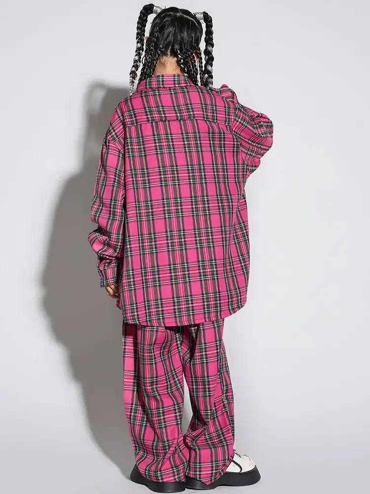 Детская одежда в стиле хип-хоп розовая клетчатая рубашка оверсайз повседневные
