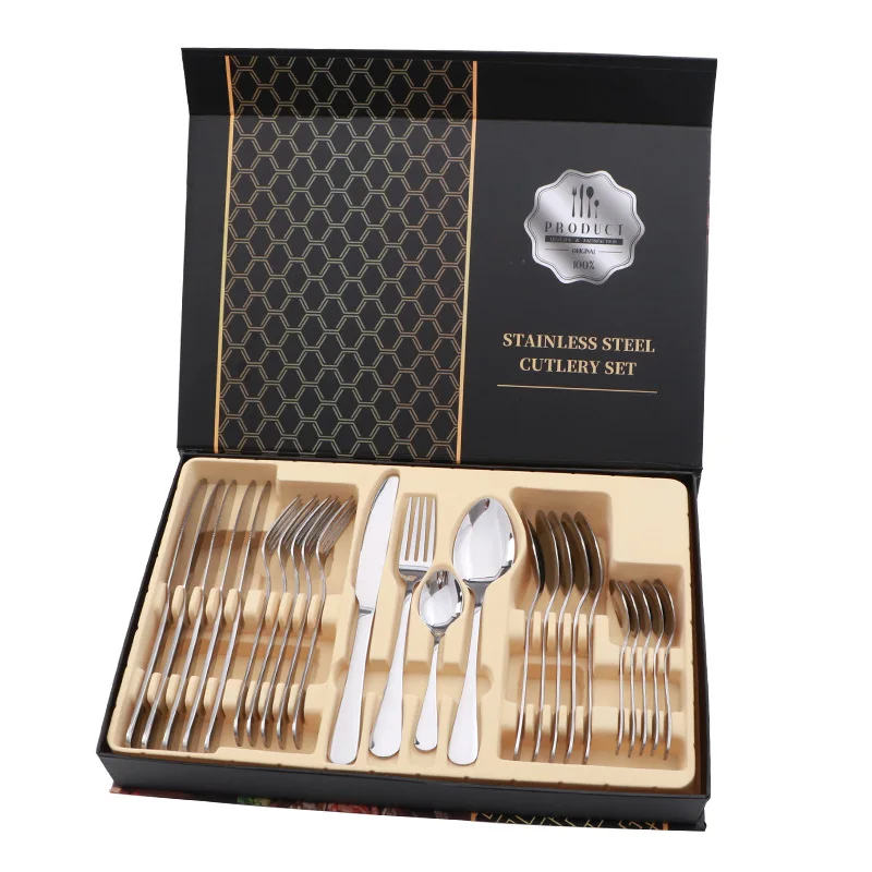 

Hot Selling Tableware Sets 24 PCS Stainless Steel Gold Color Cutlery Set Flatware For Gift Weeding Party Set with Color Gift Box