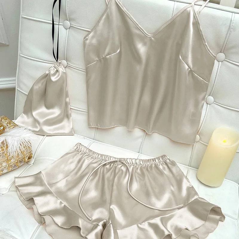Manufacturers Fashion Sexy Camisole Shorts Shorts Three Piece Ladies Pajamas silk sleepwear set
