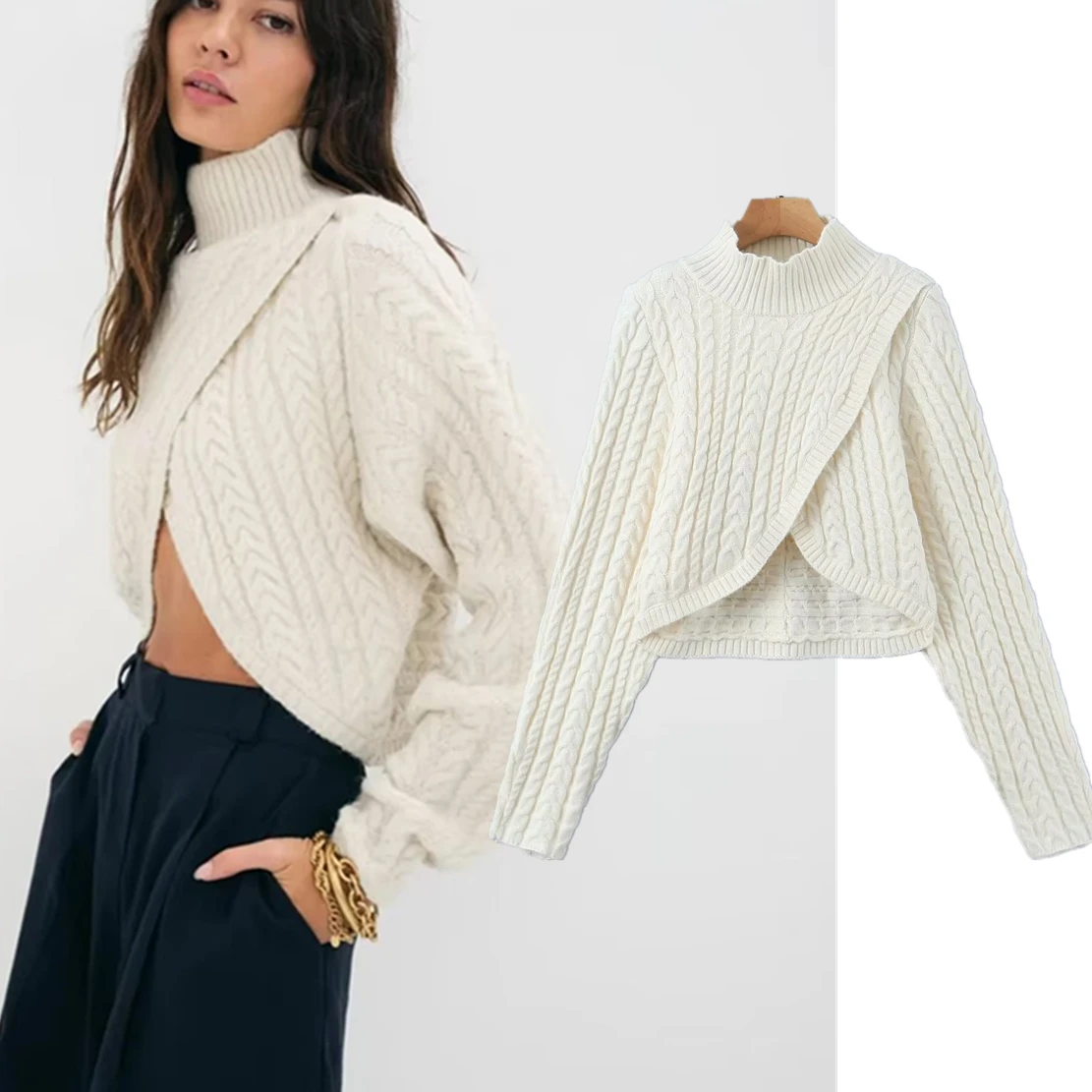 

Maxdutti Ins Blogger Vintage Sweaters Women Turtleneck Knitwear Asymmetry Sexy Short Tops