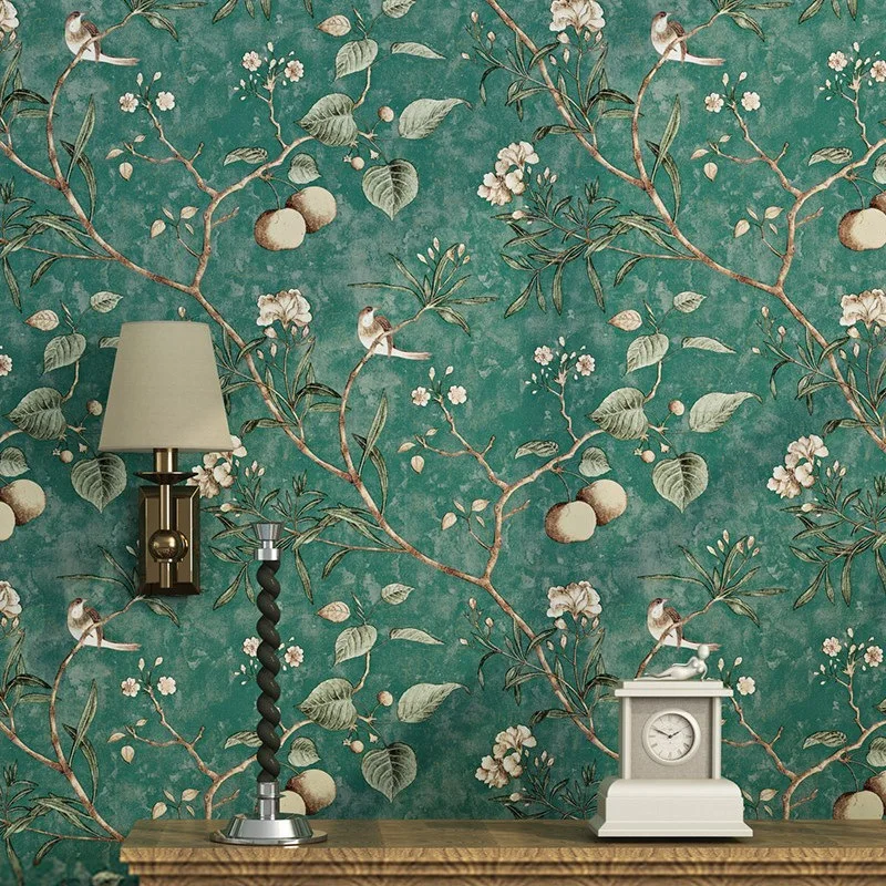 

American country wallpaper pastoral style retro nostalgic living room bedroom dark green flower and bird TV background wall