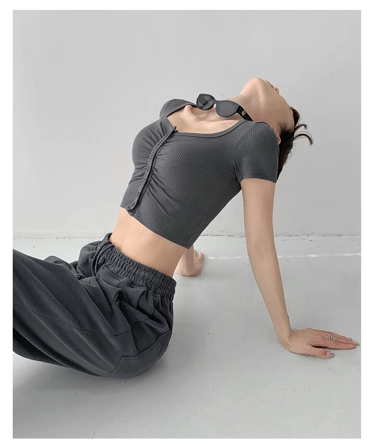 

Hot Girl Sexy Tight Fold Single Breasted Thread Knitted T-shirt Women's Summer Short Navel Exposed Sleeve Backing