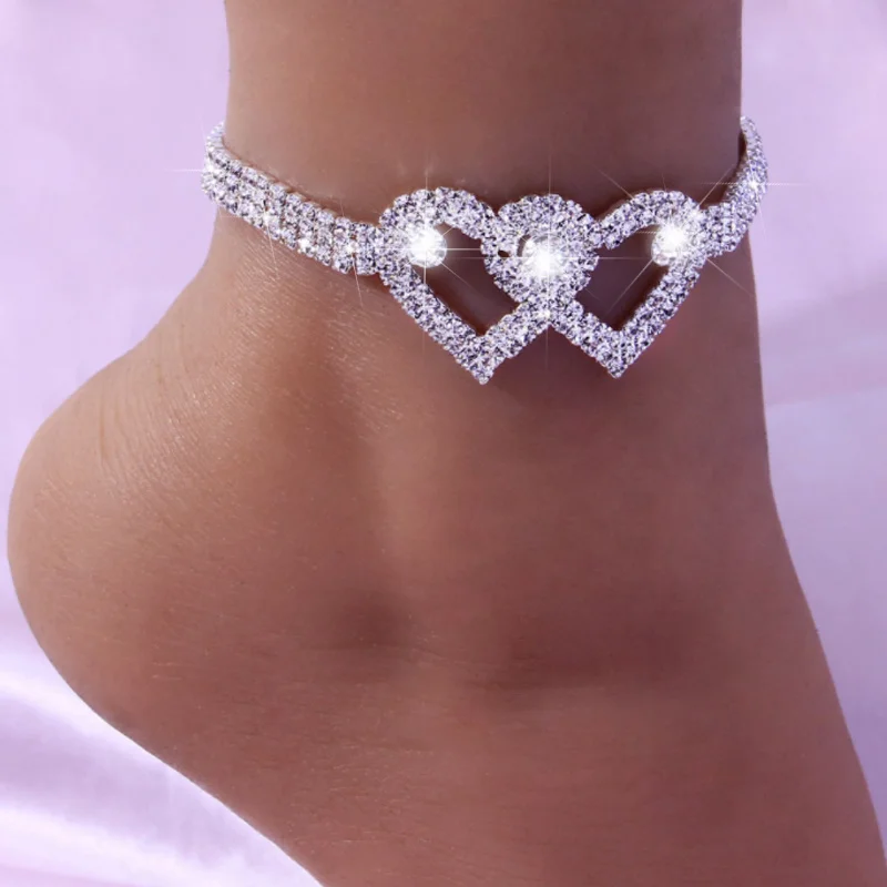 

Shiny Rhinestone Double Love Anklets Women's Hollow Alloy Anklet Vintage Bohemian Ankle Bangle Fashion Ins Jewelry Accessories