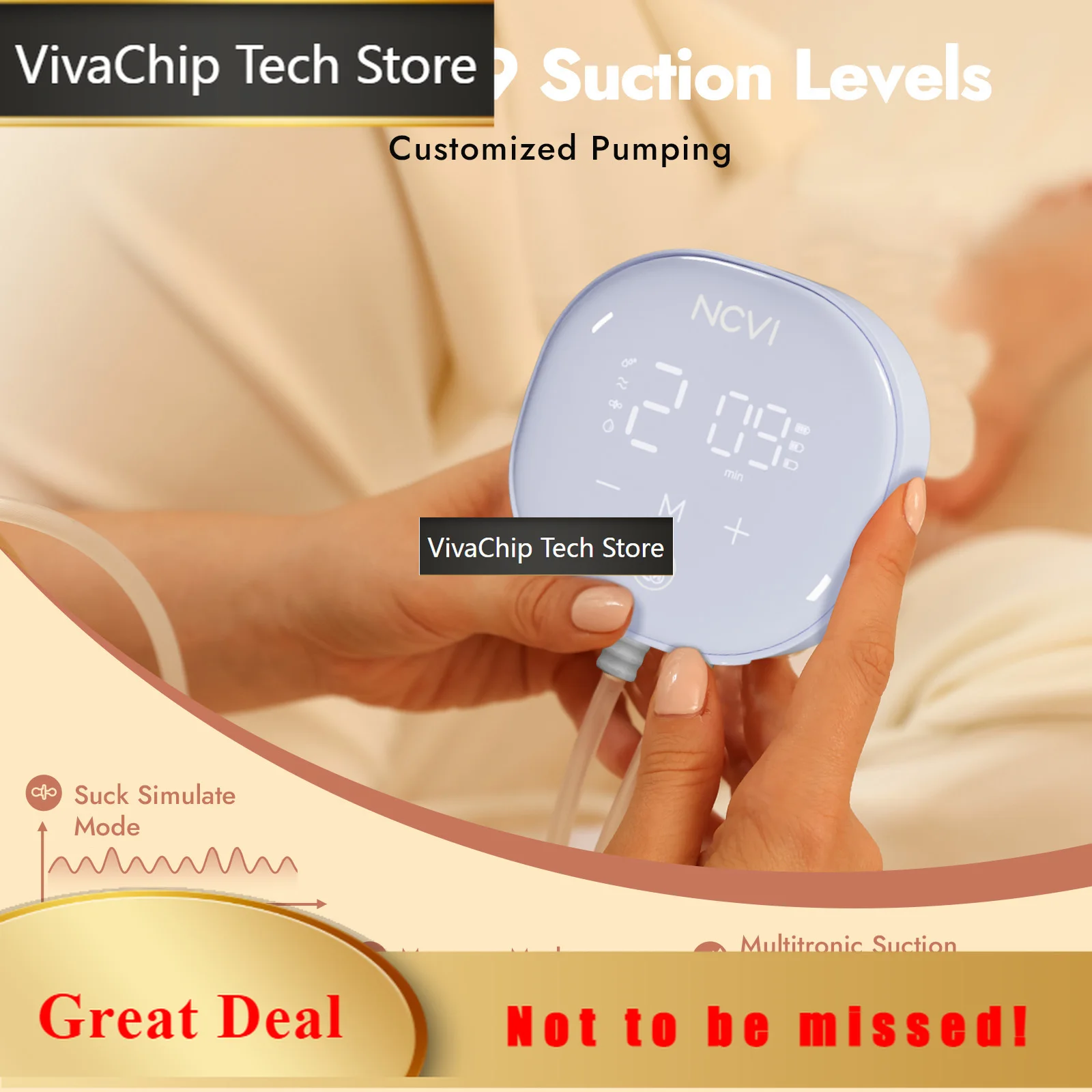 Фото Беспроводной носимый молокоотсос VivaChip TechNCVI, с мощным мотором и носимыми чашами, 4 режима, 9 уровней, 21/24/28 мм, L №1