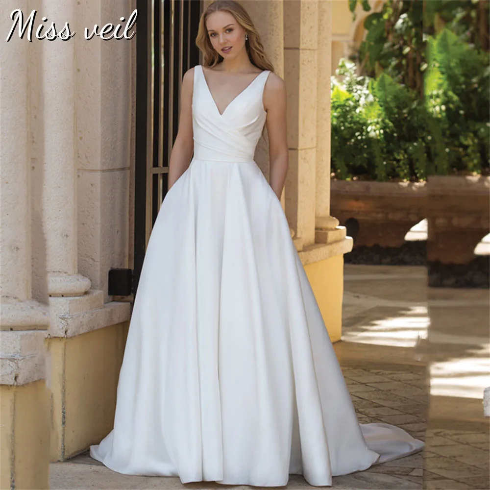 

Miss veil V-Neck Wedding Dress With Pockets A-Line Simple Pleat Bridal Gown Satin Backless Button Zipper Vestido de casamento