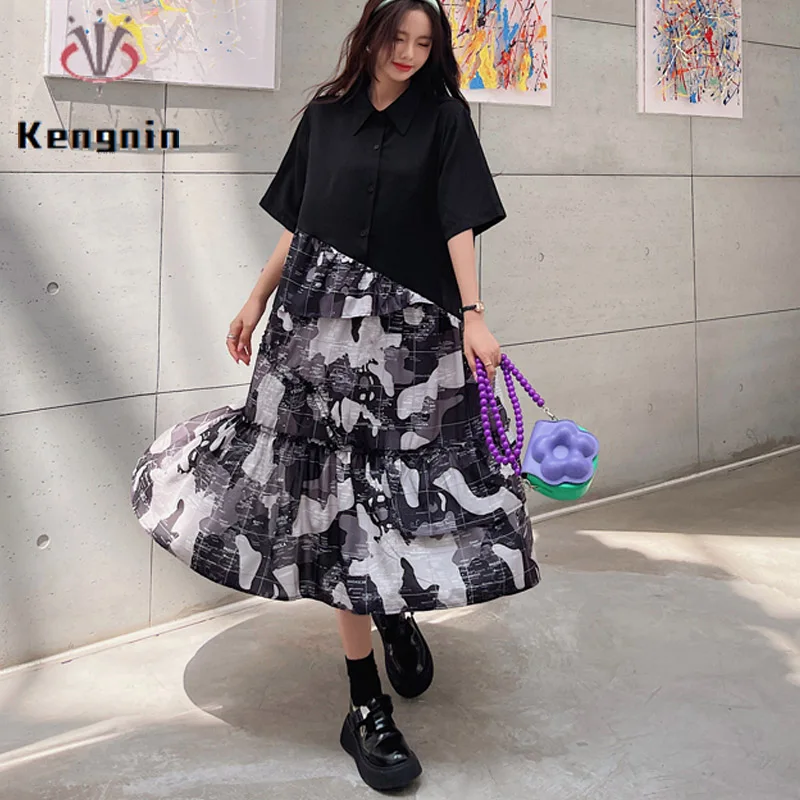 

Korean Fashion Women's Dresses New 2022 Summer Plus Size 4XL Loose Lady Shirt Dress Patchwork Print Vestido Female Robe KE2869