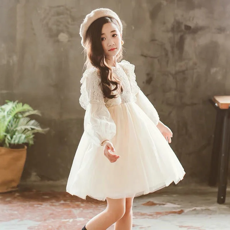 

Girl Dresses Lantern Sleeve Kids Clothing Party Princess Spring Lace Children Girl's Ceremonial Dress Pearls Purple White Dress