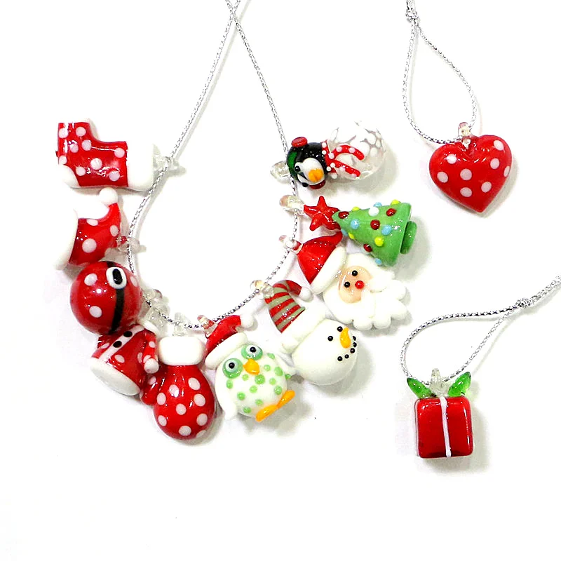 

6pcs Lovely Glass Christmas Tree Santa Claus Snowman Owl Penguin Heart Glove Socks Mini Pendant Women Jewelry Making Accessories