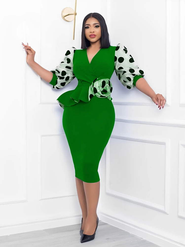 Women knitted stitching dot print bubble sleeve pencil dress plus size dresses  party dresses