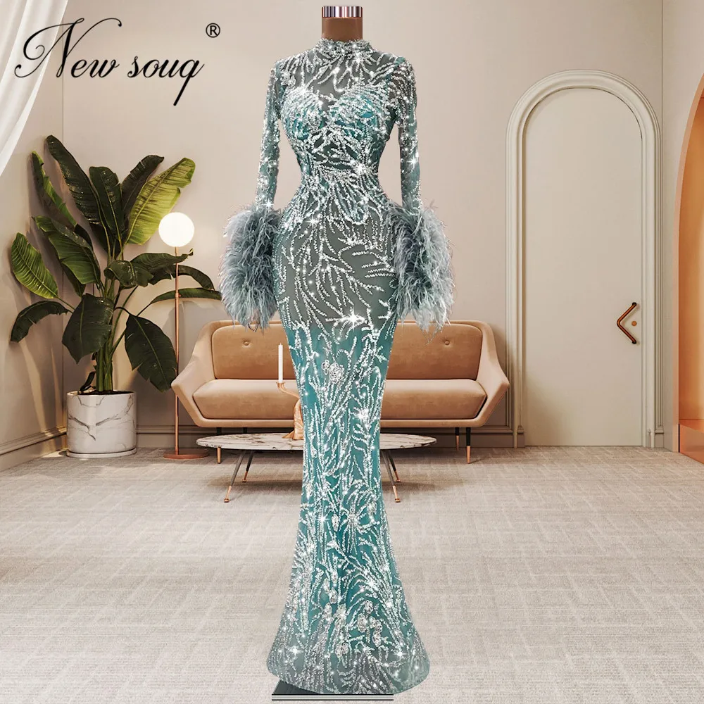 

Sparkly Sequins Long Evening Dresses Customize Mermaid Feathers Party Night Luxury Women Celebrity Dress Couture Dubai Prom Gown