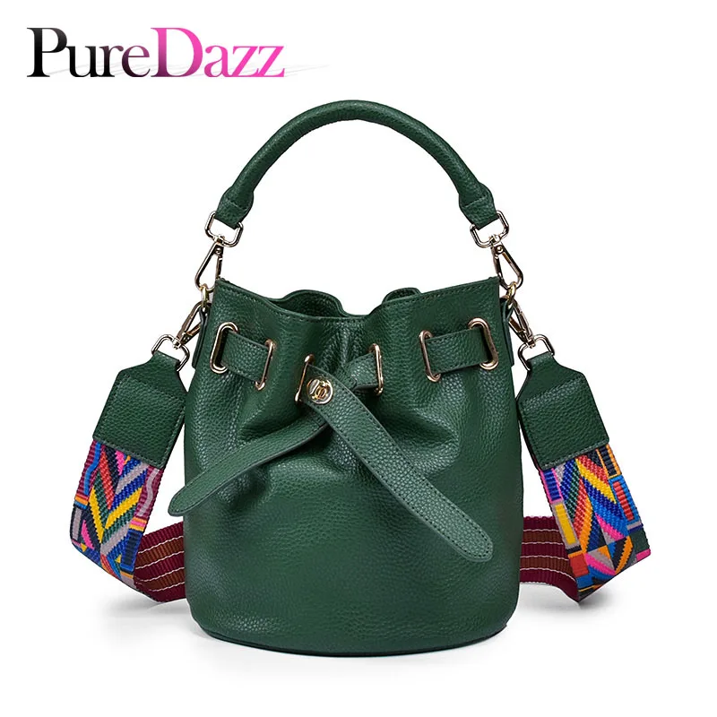 PureDazz Genuine Leather Women Bucket Bag Fashion Real Leather Female Shoulder Bag High Quality Wide Shoulder Strap Lady Bag