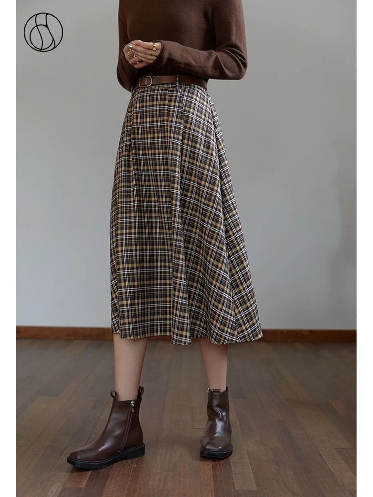 

DUSHU Women's Retro Plaid Long Dress 2021 Winter High Waist All-match Simple A-line Skirt Office Lady Belt Gothic Casual Skirts