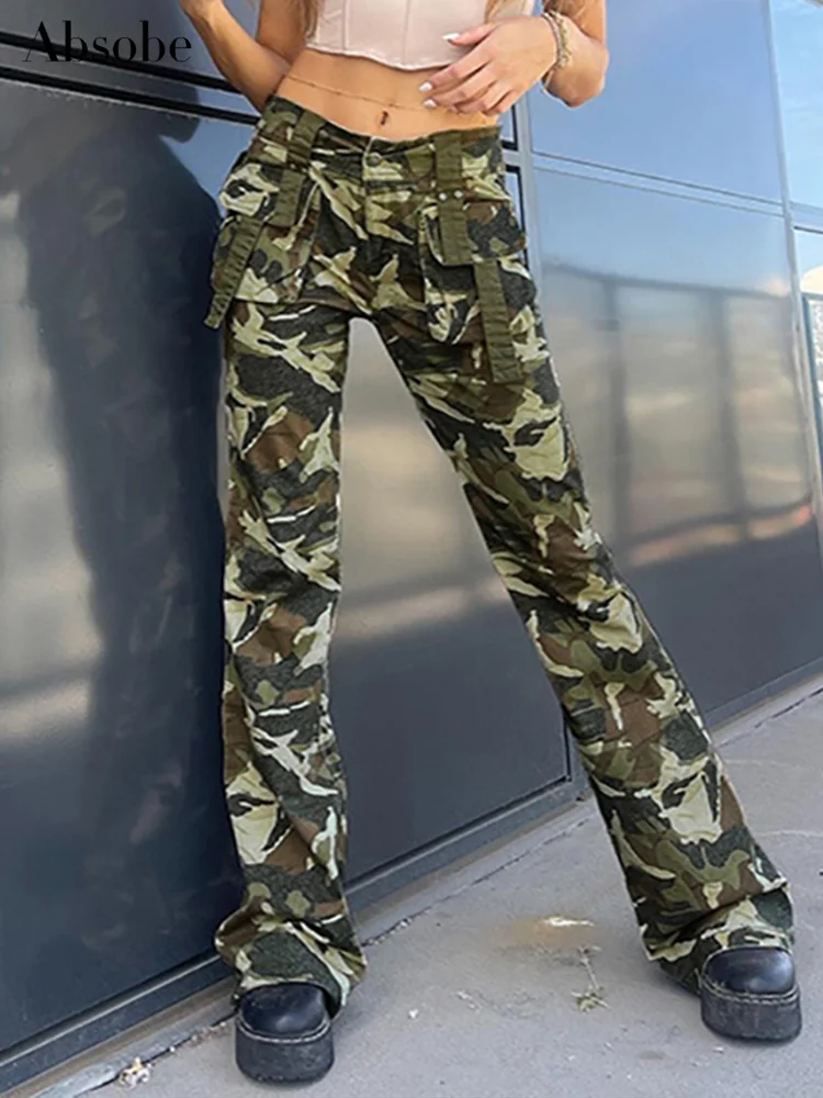 

Absobe Knitted Camouflage Cargo Pants Women Loose Casual Spliced Pockets Low Waist Trousers Hottie Outfit Y2K High Streetwear