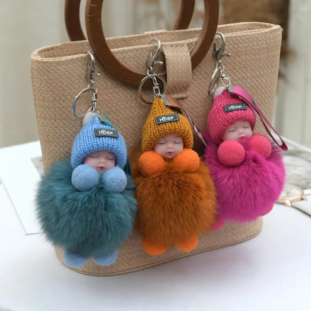 

Pendant Keychains Doll Keychains Fluffy Sleeping Baby Multi-colored Knitted Hat Wear Baby Key Ring for Women