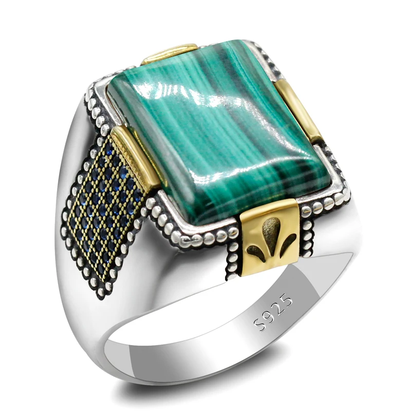 

Solid 925 Sterling Silver Men's Ring Set with Square Natural Malachite Dashi for Men's Jewelry Punk New Ring