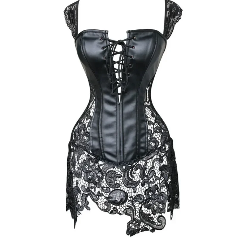 Сексуальные кожаные корсеты юбка на шнуровке ажурный корсет черная