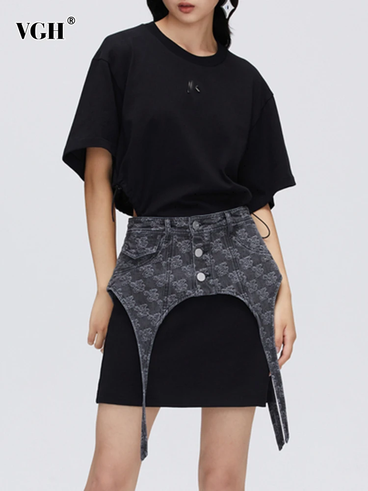 

VGH Korean Fashion Two Piece Dress For Women Round Neck Short Sleeve Cut Out With Denim Belts Mini Dresses Female 2022 Clothing
