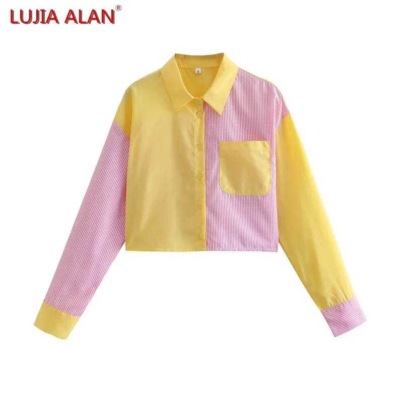 

Summer New Women Contrast Color Patchwork Shirt Female Long Sleeve Blouse Casual Loose Short Tops LUJIA ALAN B2010