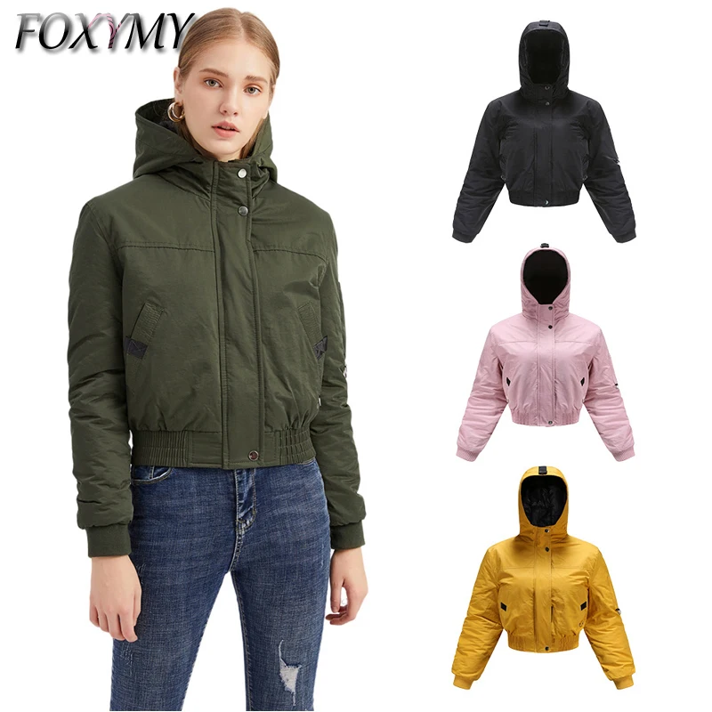 

New 2022 Women Short Jacket Winter Thick Hooded Cotton Padded Coats Female Casual Slim Ladies Solid Street Outwear
